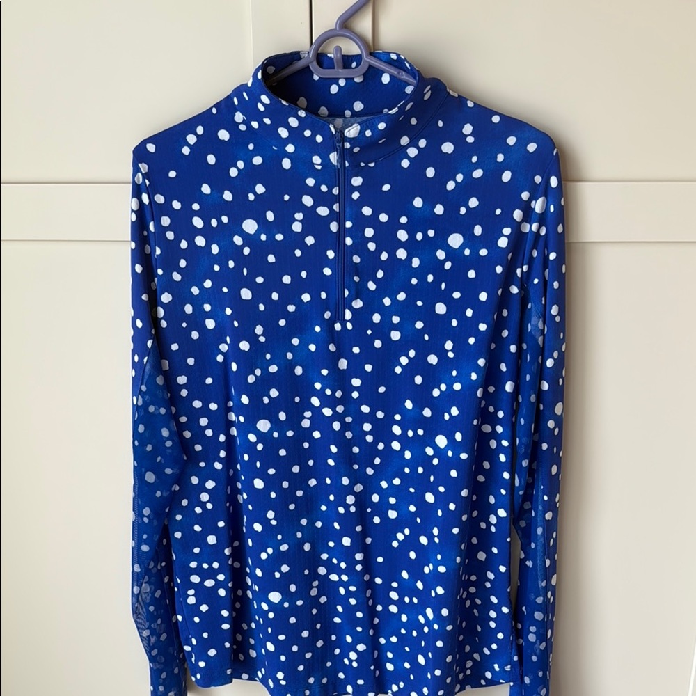 Golf IBKUL Blue and White Polka Dot Blouse golf tennis, pickleball.